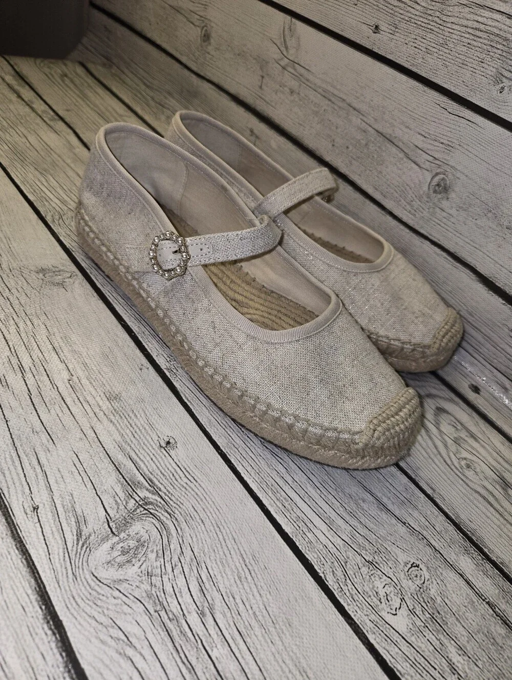 J. Crew Espadrille Mary Jane Flats 8 New Linen organic cork cotton garden